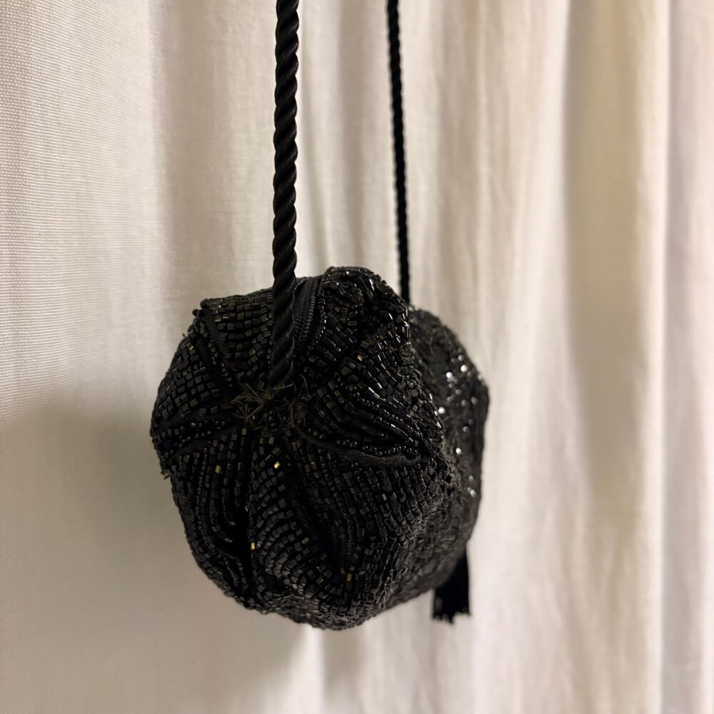 Black Beaded Evening Bag Y2K Goth Glam Formal Clutch w/ Tassel Strap - Picture 3 of 4